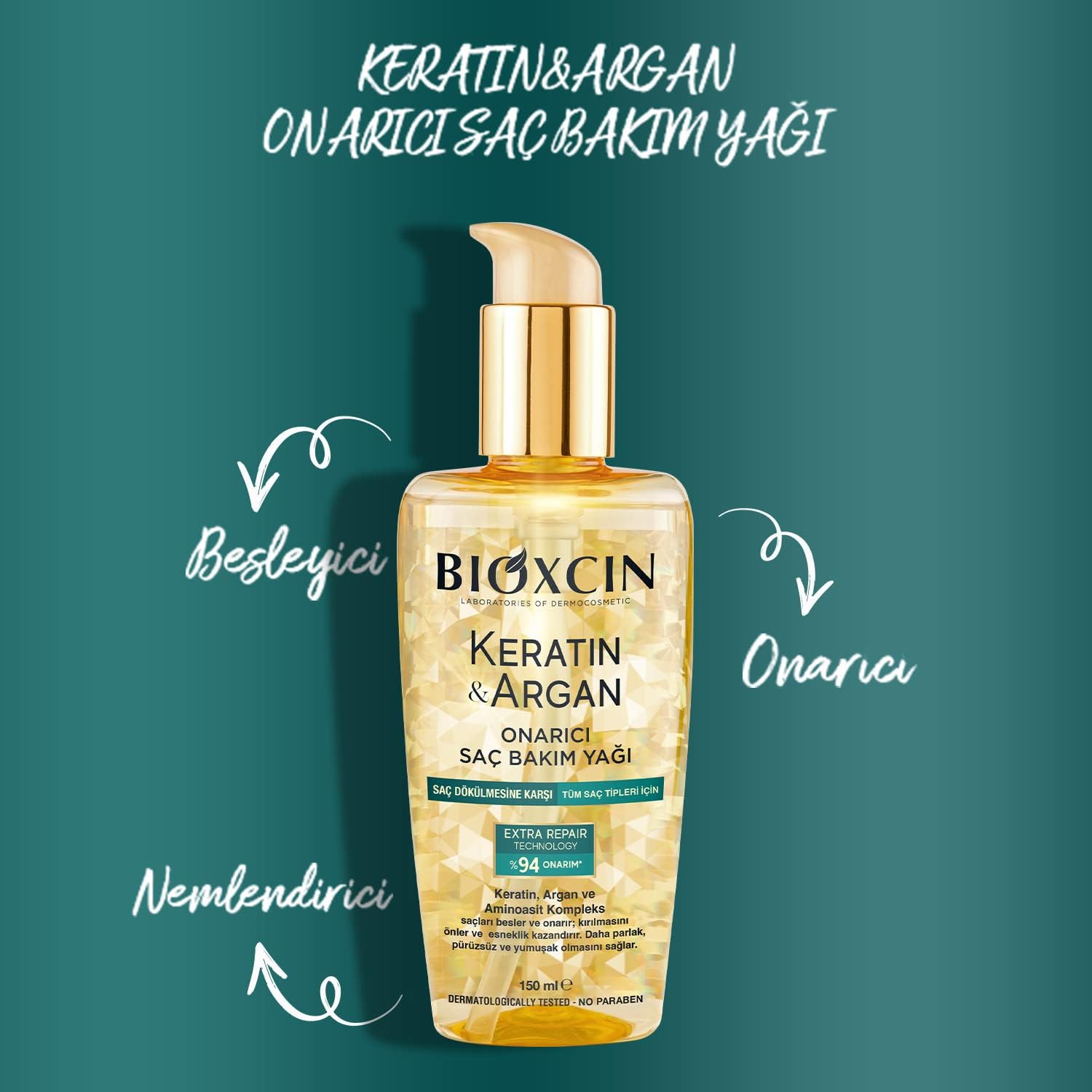 Bioxcin Keratin Argan Repair Hair Oil 150ml for Damaged, Dull Hair