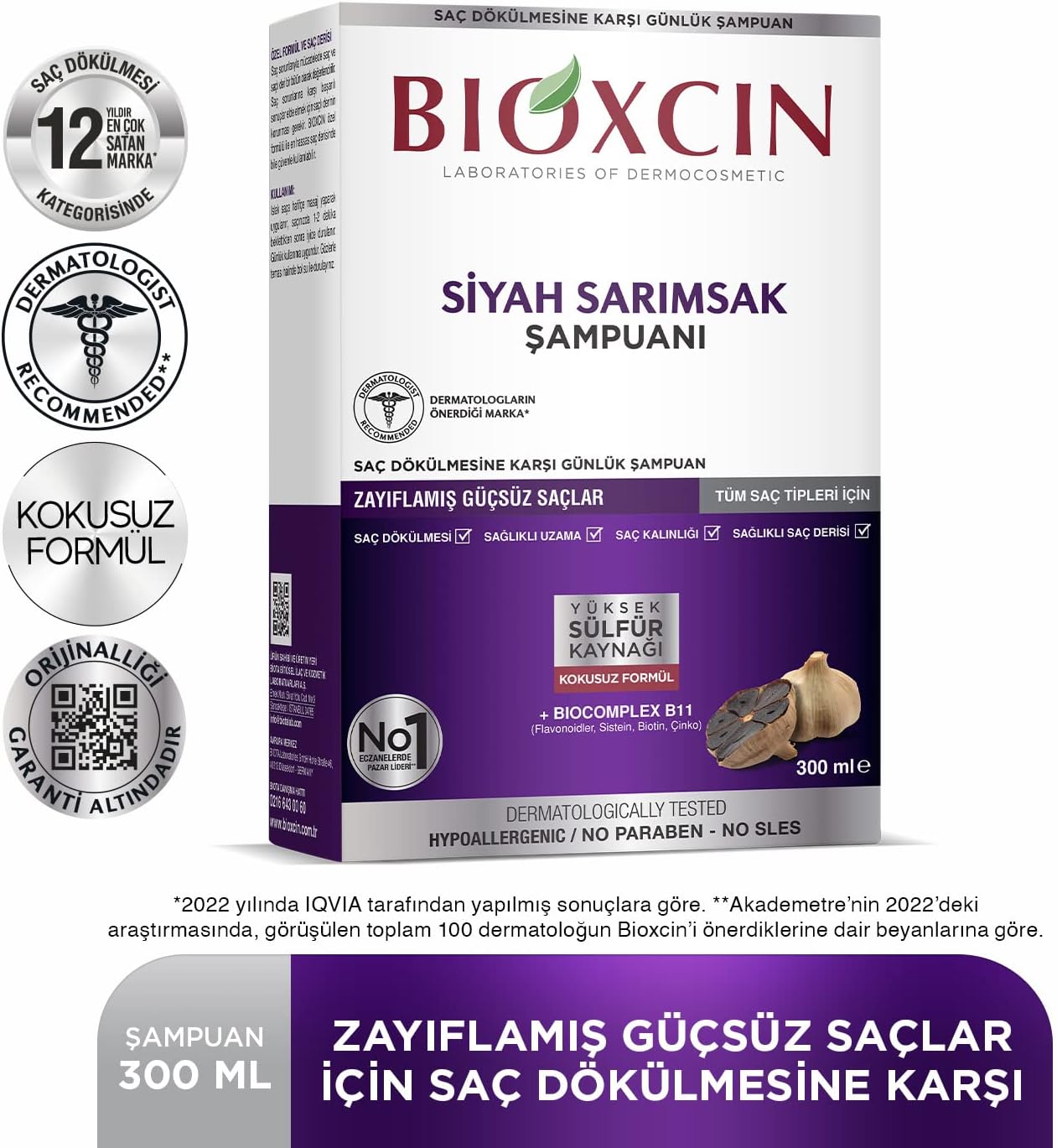 Bioxcin Black Garlic Anti-Hair Loss Herbal Shampoo: Strengthens & Adds Volume (300ml)