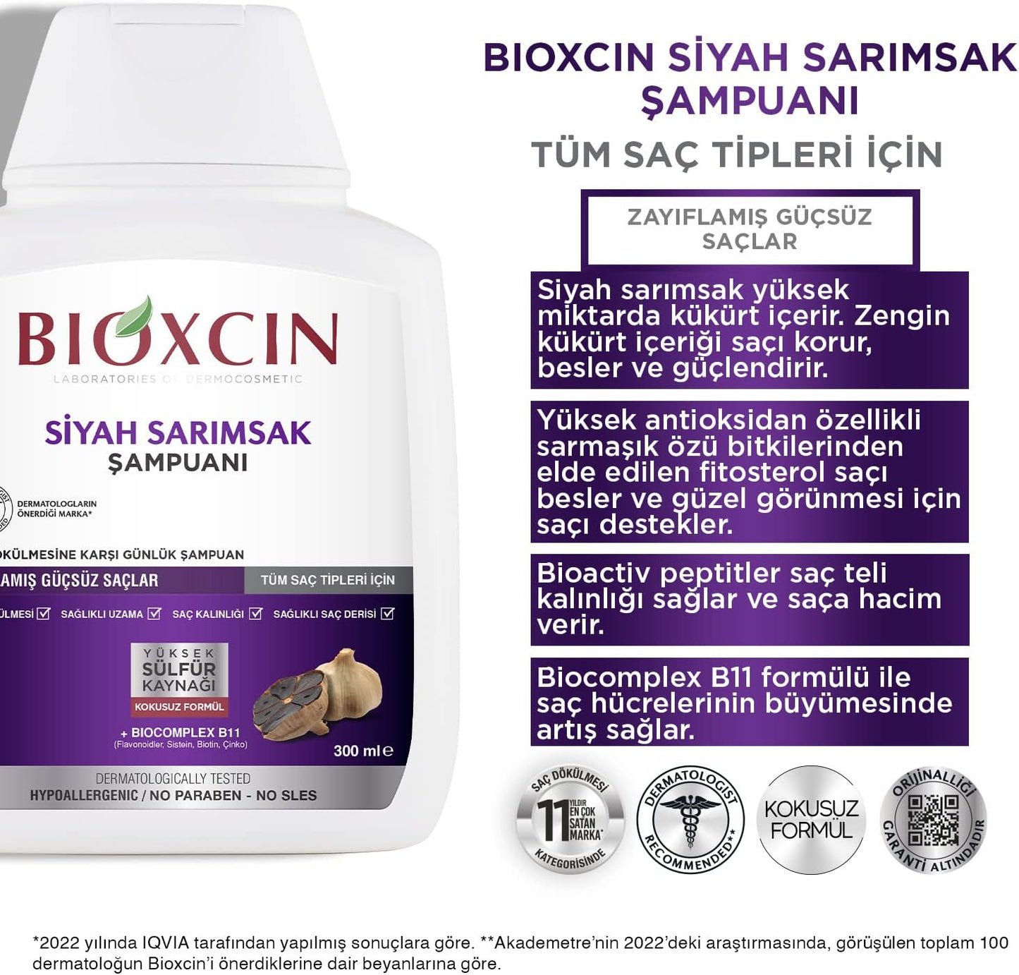Bioxcin Black Garlic Anti-Hair Loss Herbal Shampoo: Strengthens & Adds Volume (300ml)