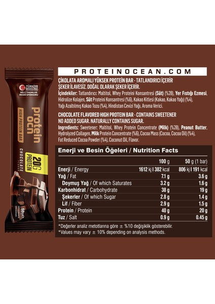 Proteinocean Chocolate Flavored Protein Bar, High Protein Low Sugar, 8-Pack 50g
