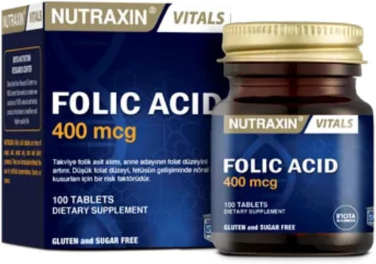 Nutraxin Vitals Folic Acid 400 mcg 100 Tablets Essential Vitamin B9 Supplement