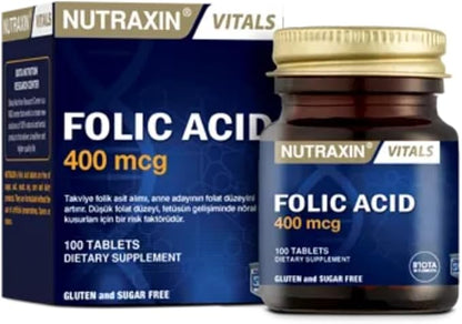 Nutraxin Vitals Folic Acid 400 mcg 100 Tablets Essential Vitamin B9 Supplement