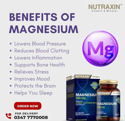 Nutraxin Vitals Magnesium Citrate 250mg Tablets, 60-Count, Bone & Muscle Support
