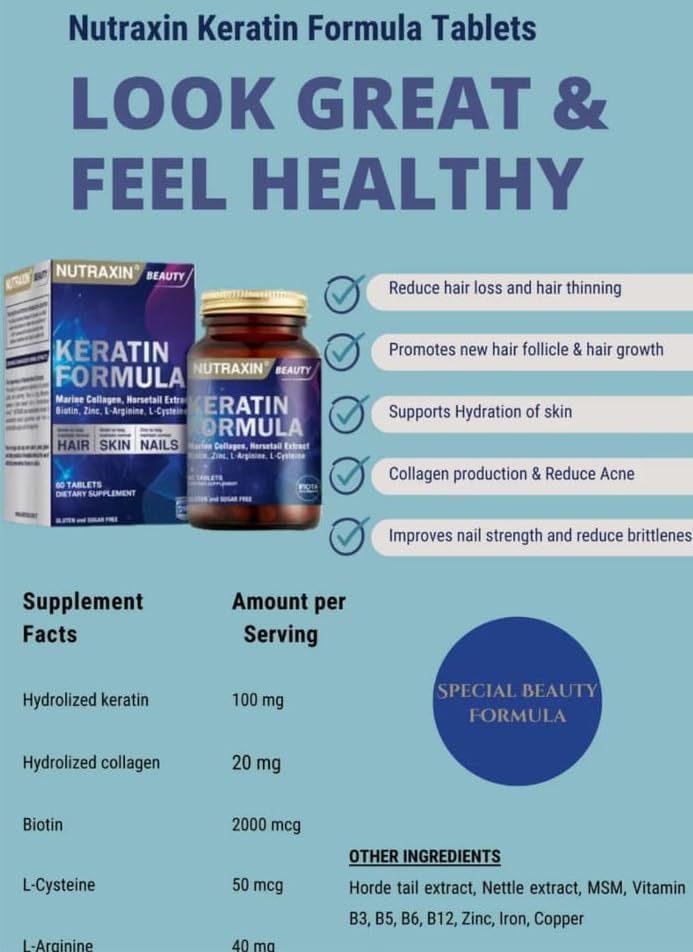 Nutraxin Beauty Keratin Formula 60 Tablets: Advanced Hair, Skin, Nail Support Supplement