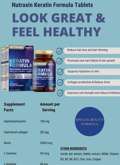 Nutraxin Beauty Keratin Formula 60 Tablets: Advanced Hair, Skin, Nail Support Supplement