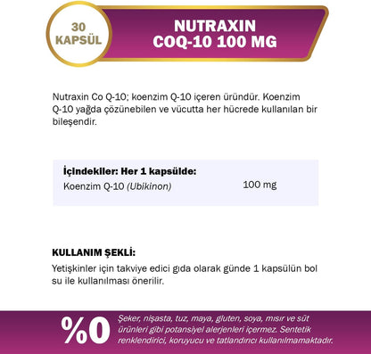 Nutraxin CoQ10 100mg Ubiquinone Capsules: Cellular Energy, Antioxidant, Heart Support (30)