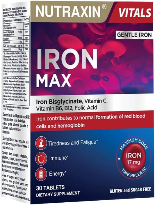 Nutraxin Iron Max 30 Tablets: Bioavailable Iron, C, Folate, B6, B12 Complex