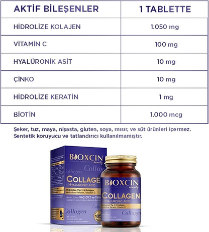 Bioxcin Beauty Collagen 30 Tablets: Hydrolyzed Type I & III for Skin, Hair, Nails