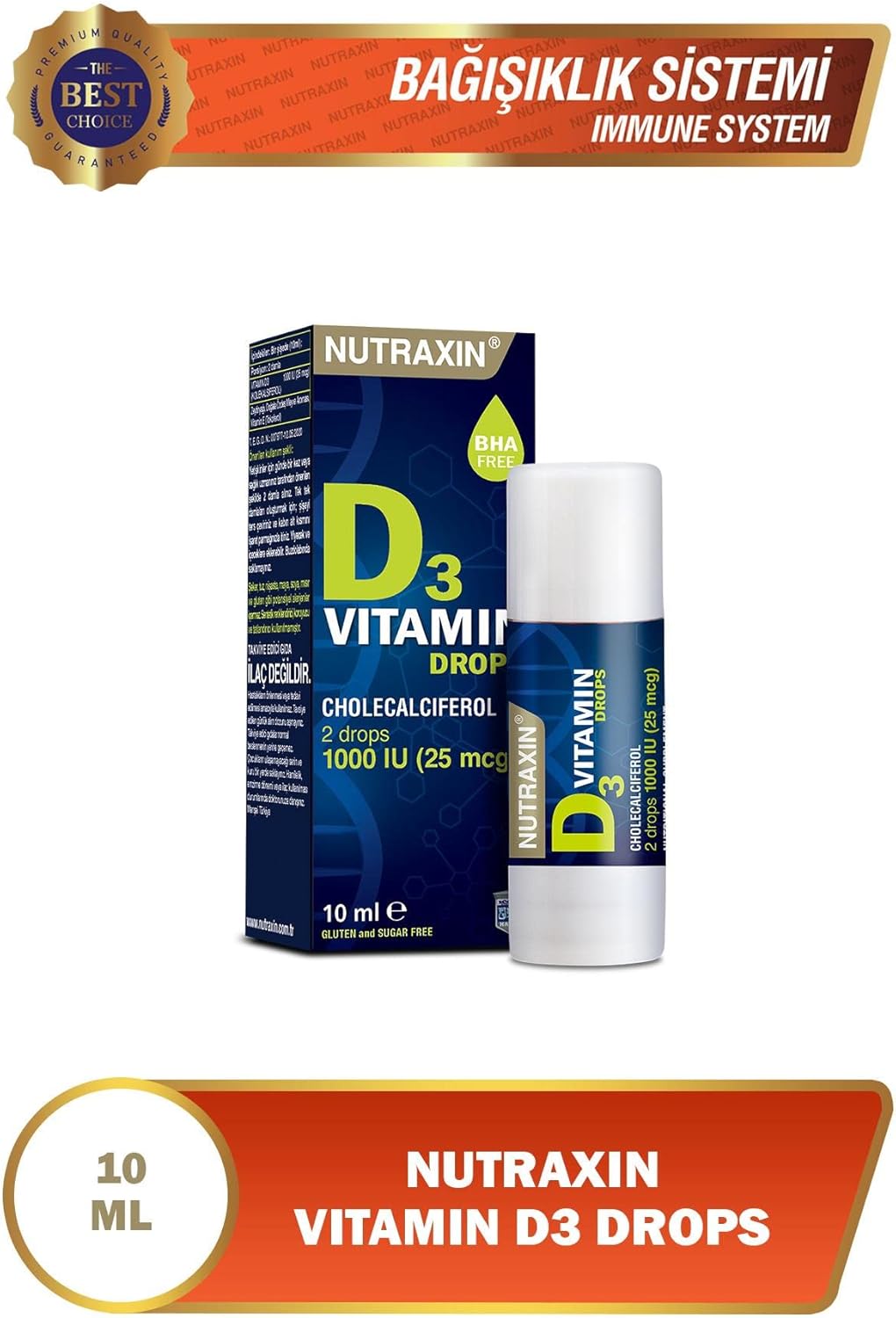 Nutraxin Vitamin D3 Drops 1000 IU 25 mcg Liquid Supplement for Immune Bone Health