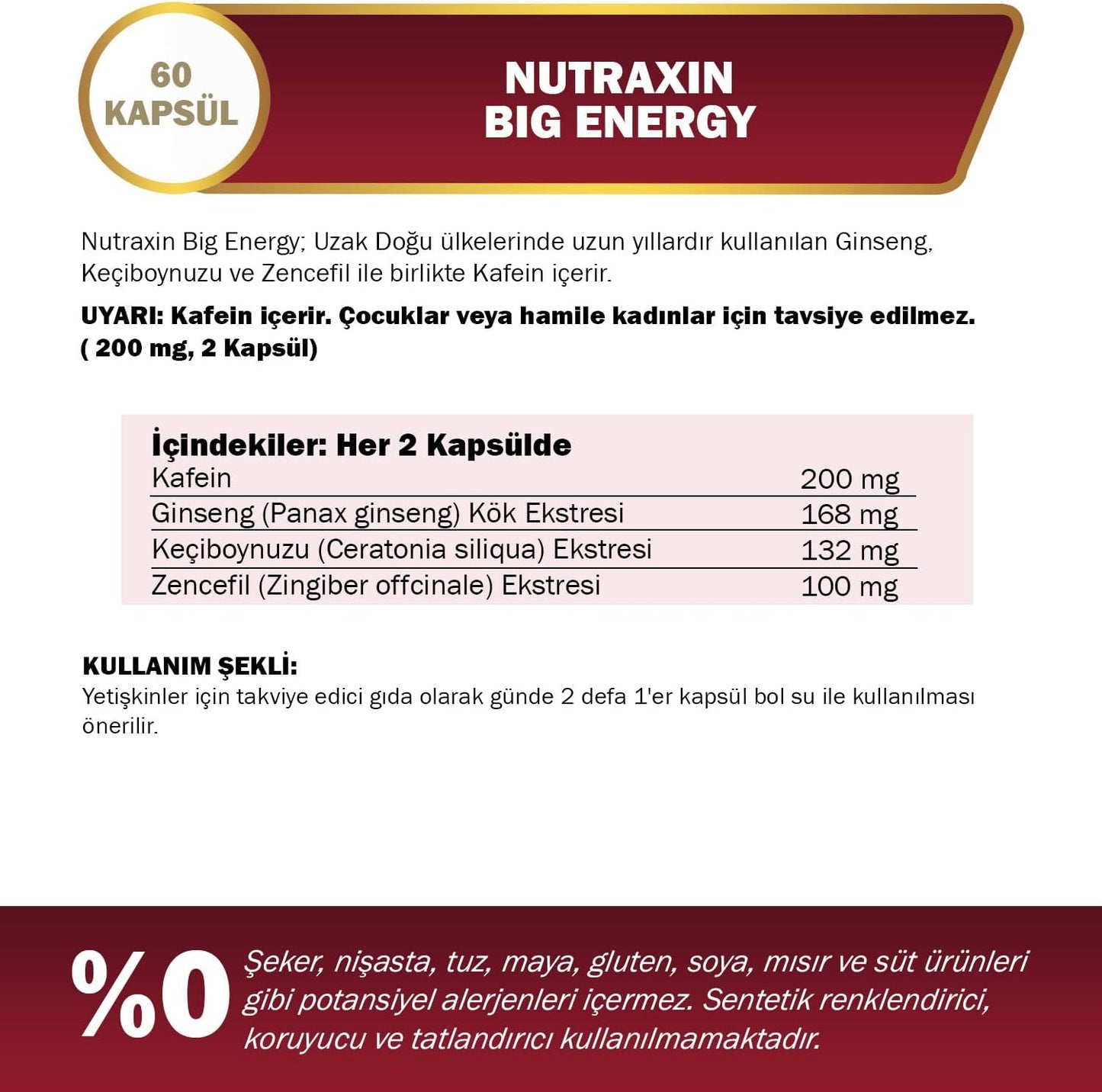 Nutraxin Big Energy Ginseng Caffeine Ginger Carob 60 Capsules for Daily Vitality