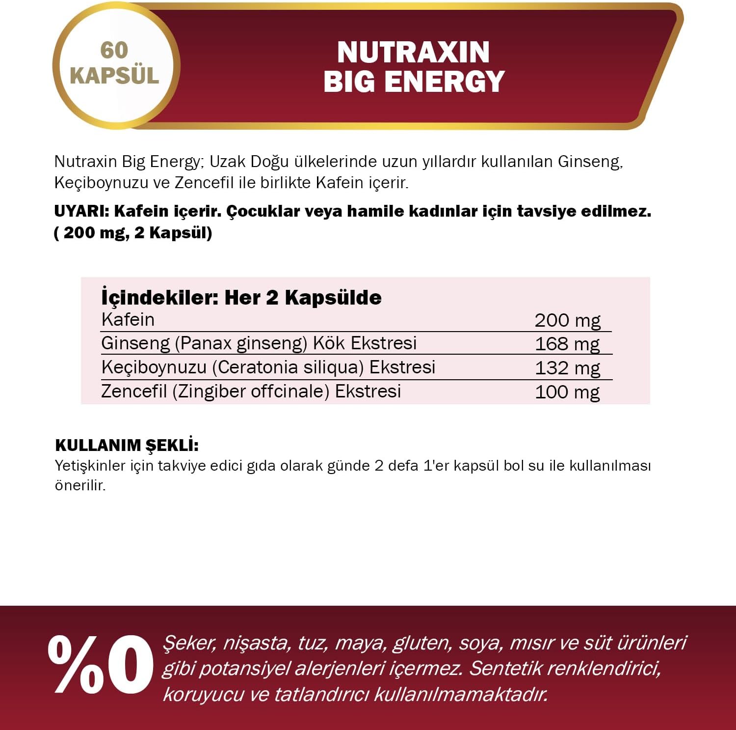 Nutraxin Big Energy Ginseng Caffeine Ginger Carob 60 Capsules for Daily Vitality