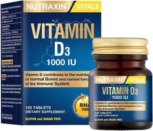 Nutraxin Vitals D3 Vitamin 1000 IU 25 mcg: 120 Tablets for Bone & Immune Support