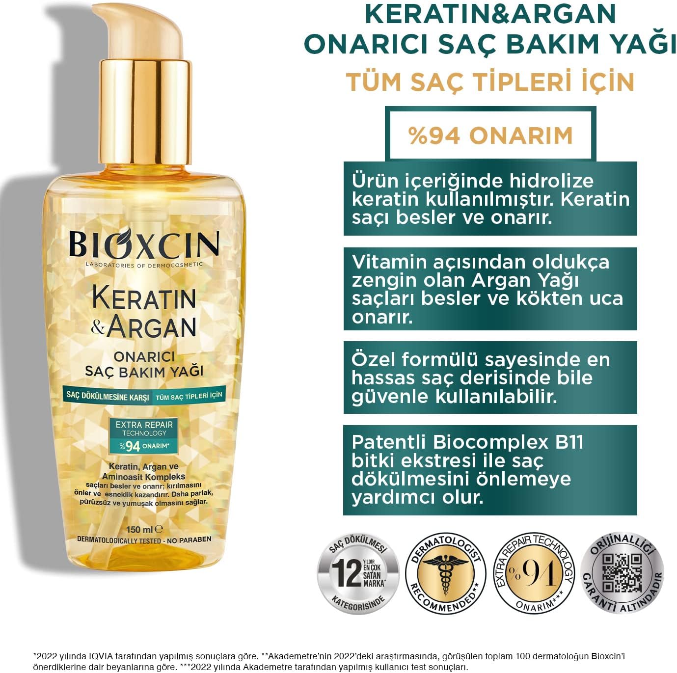 Bioxcin Keratin Argan Repair Hair Oil 150ml for Damaged, Dull Hair