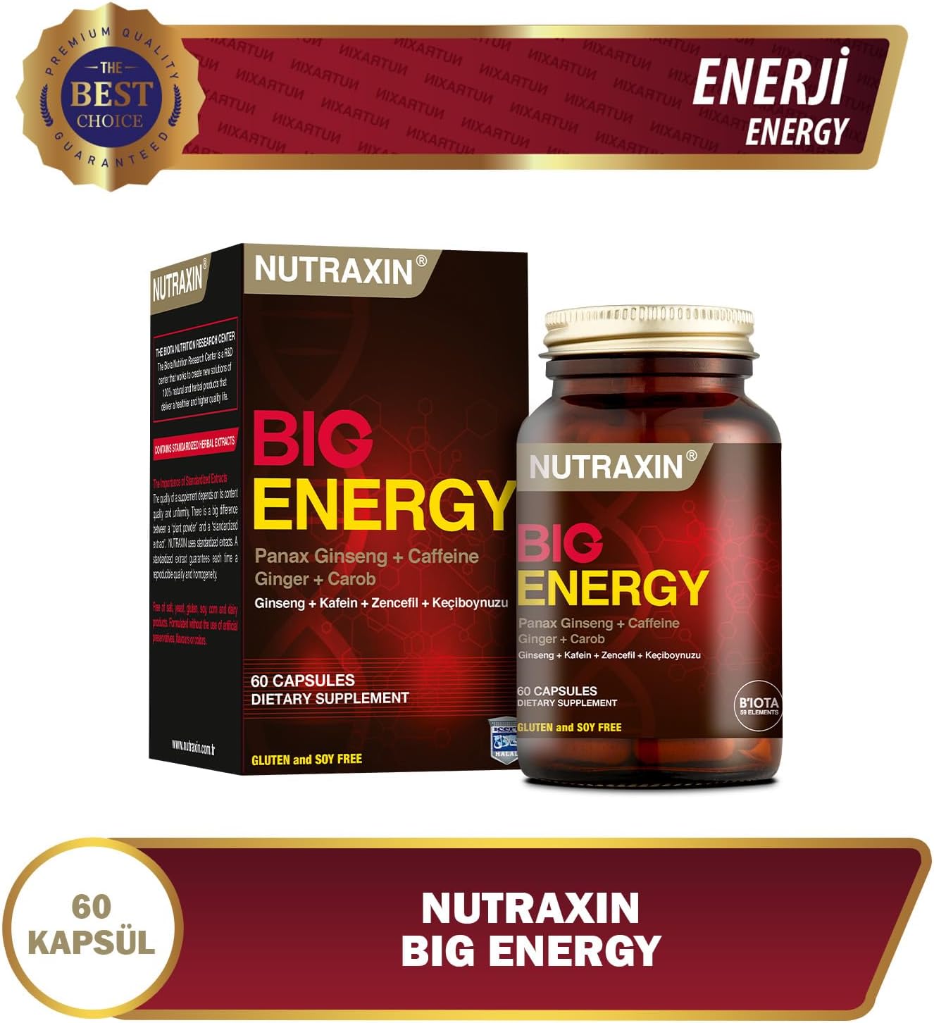 Nutraxin Big Energy Ginseng Caffeine Ginger Carob 60 Capsules for Daily Vitality