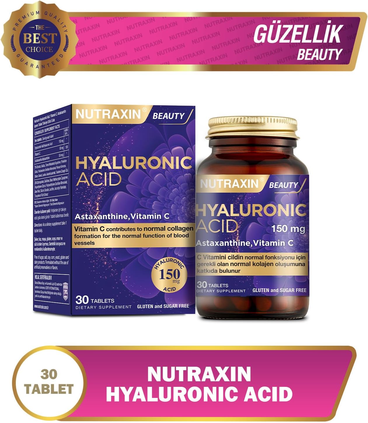 Nutraxin Hyaluronic Acid, Vitamin C, Astaxanthin: 30 Advanced Skin Support Tablets