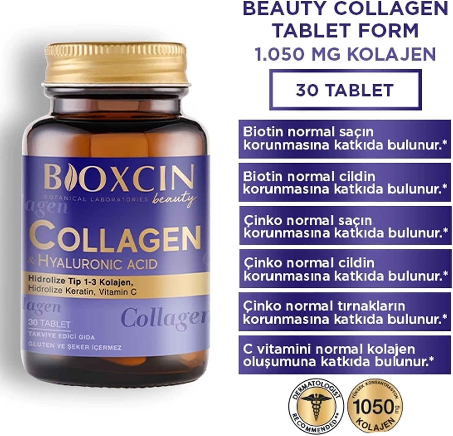 Bioxcin Beauty Collagen 30 Tablets: Hydrolyzed Type I & III for Skin, Hair, Nails