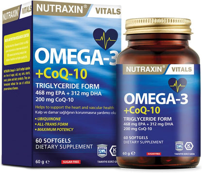Nutraxin Omega 3 + CoQ-10 60 Softgels: Heart & Cellular Energy Formula