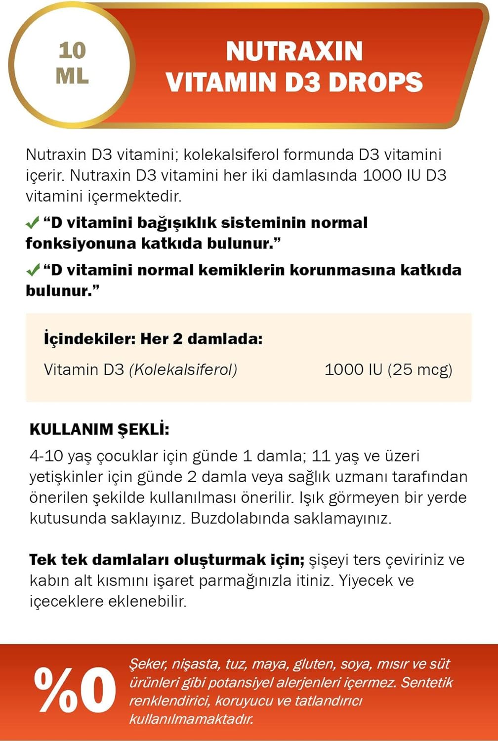 Nutraxin Vitamin D3 Drops 1000 IU 25 mcg Liquid Supplement for Immune Bone Health