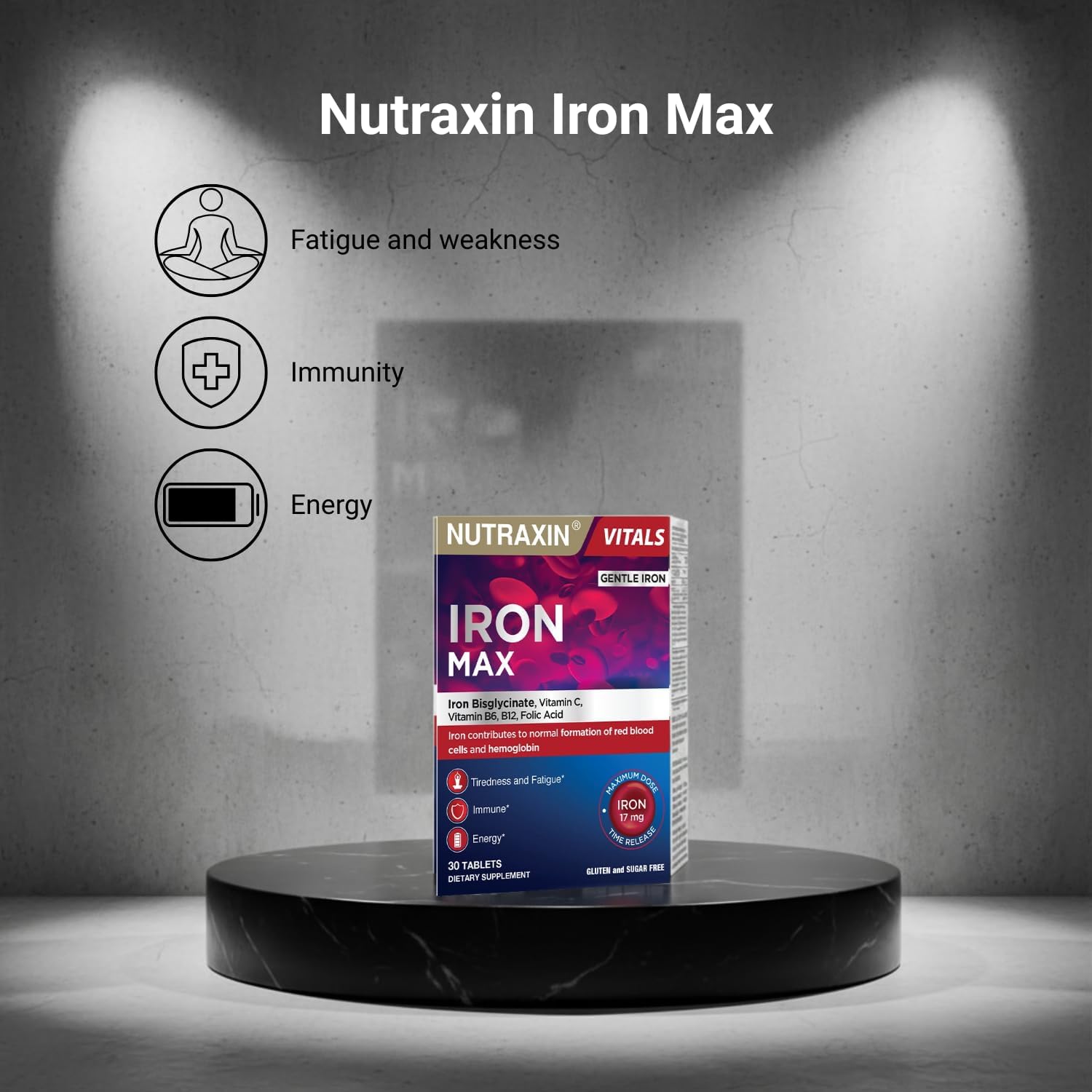 Nutraxin Iron Max 30 Tablets: Bioavailable Iron, C, Folate, B6, B12 Complex