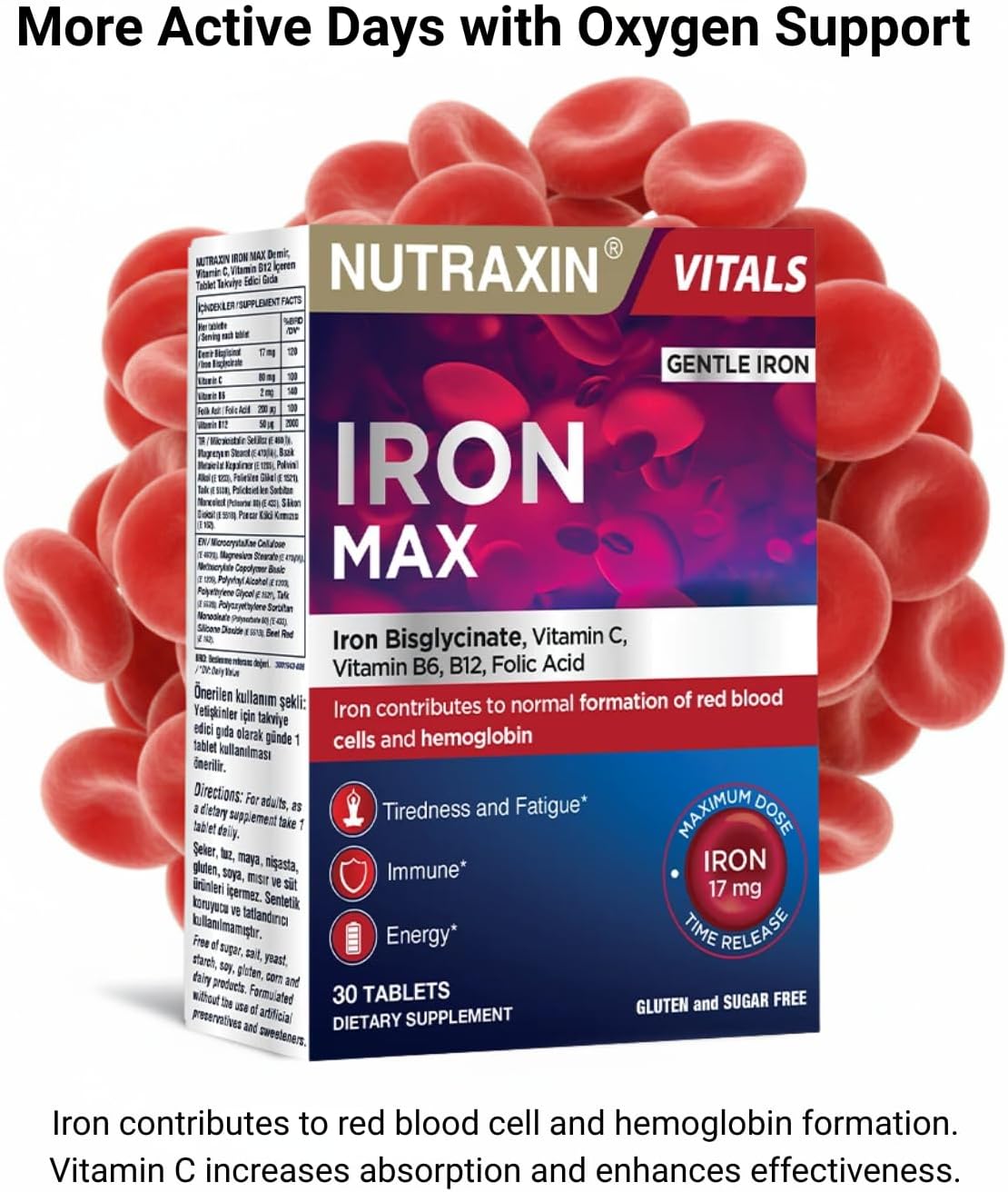 Nutraxin Iron Max 30 Tablets: Bioavailable Iron, C, Folate, B6, B12 Complex