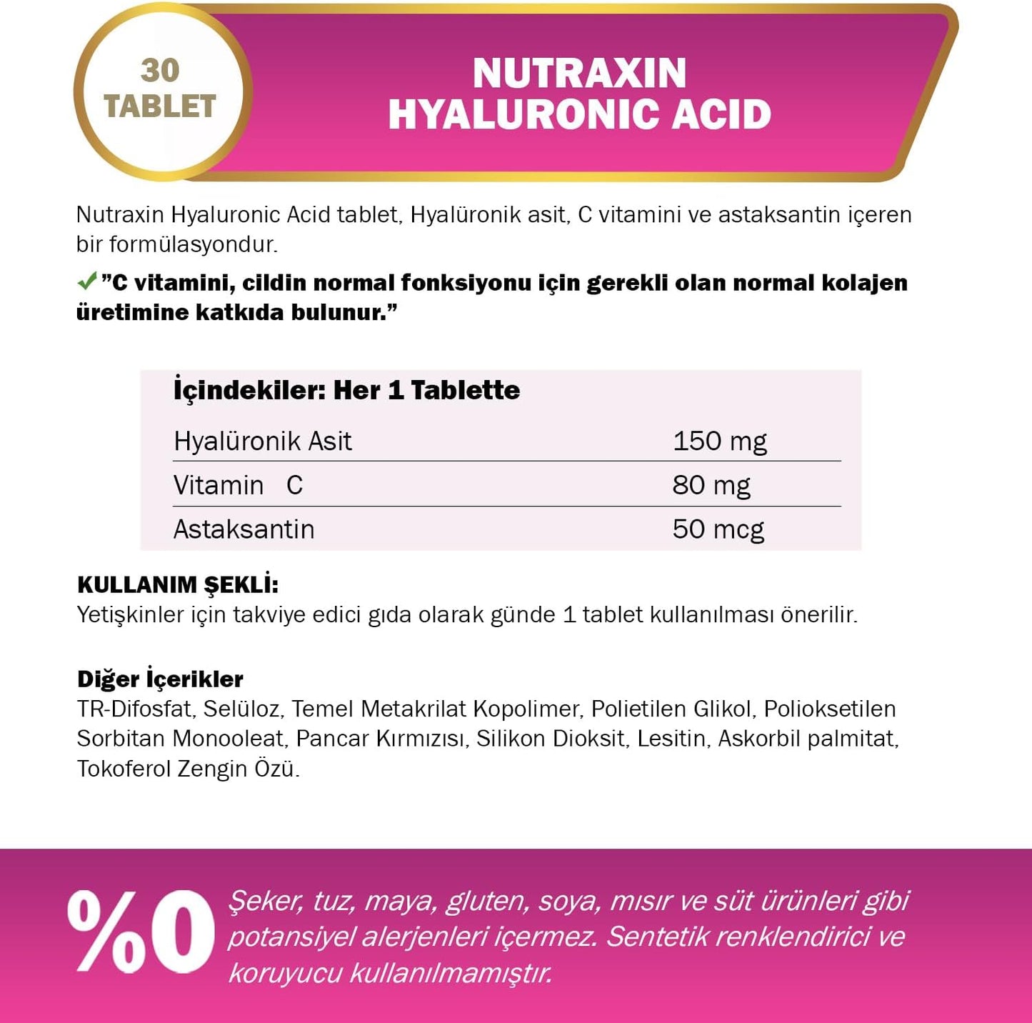 Nutraxin Hyaluronic Acid, Vitamin C, Astaxanthin: 30 Advanced Skin Support Tablets