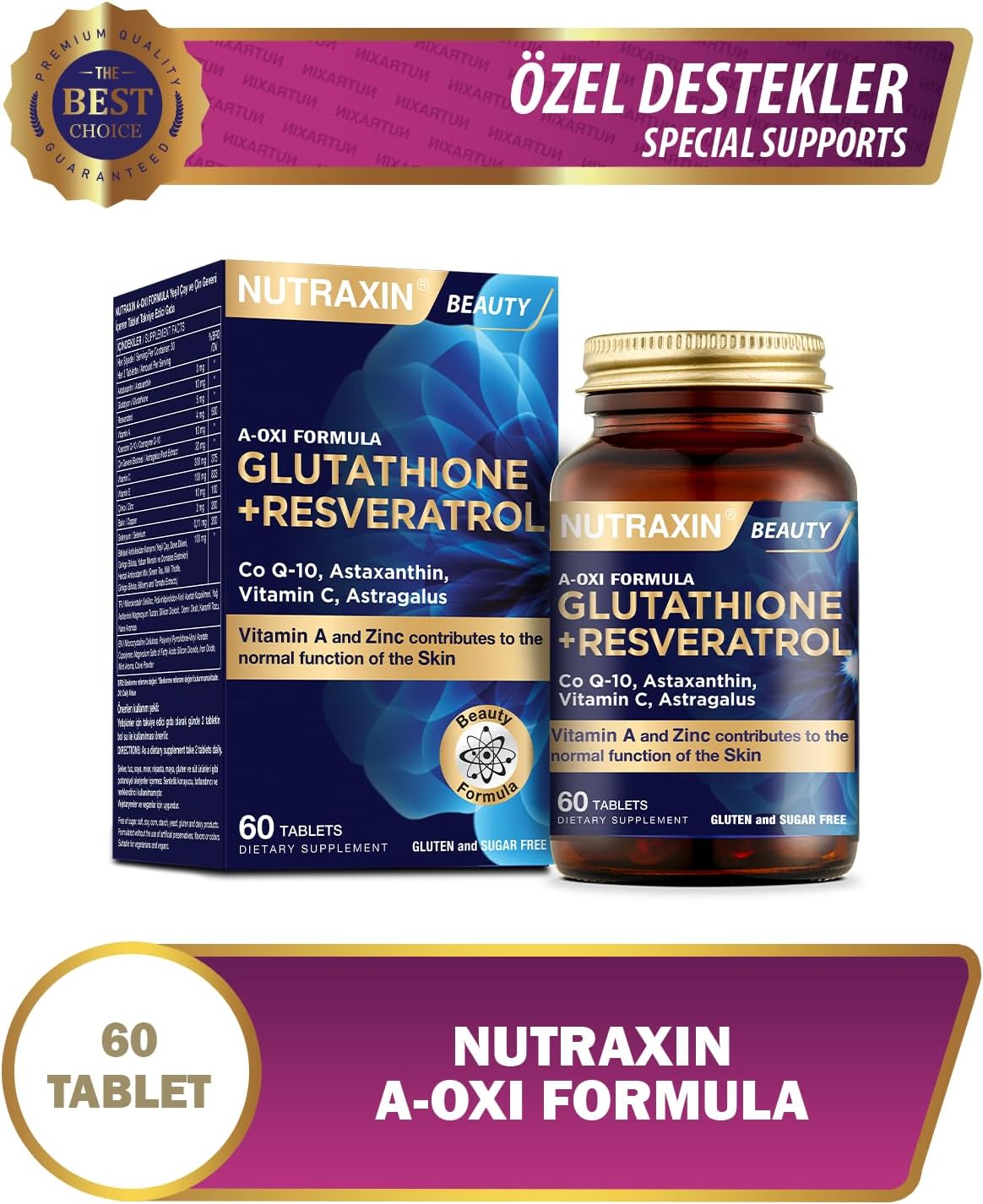 Nutraxin Plus A-Oxi Formula: Advanced Glutathione Astaxanthin Immune Support 60 Tablets