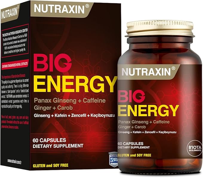 Nutraxin Big Energy Ginseng Caffeine Ginger Carob 60 Capsules for Daily Vitality