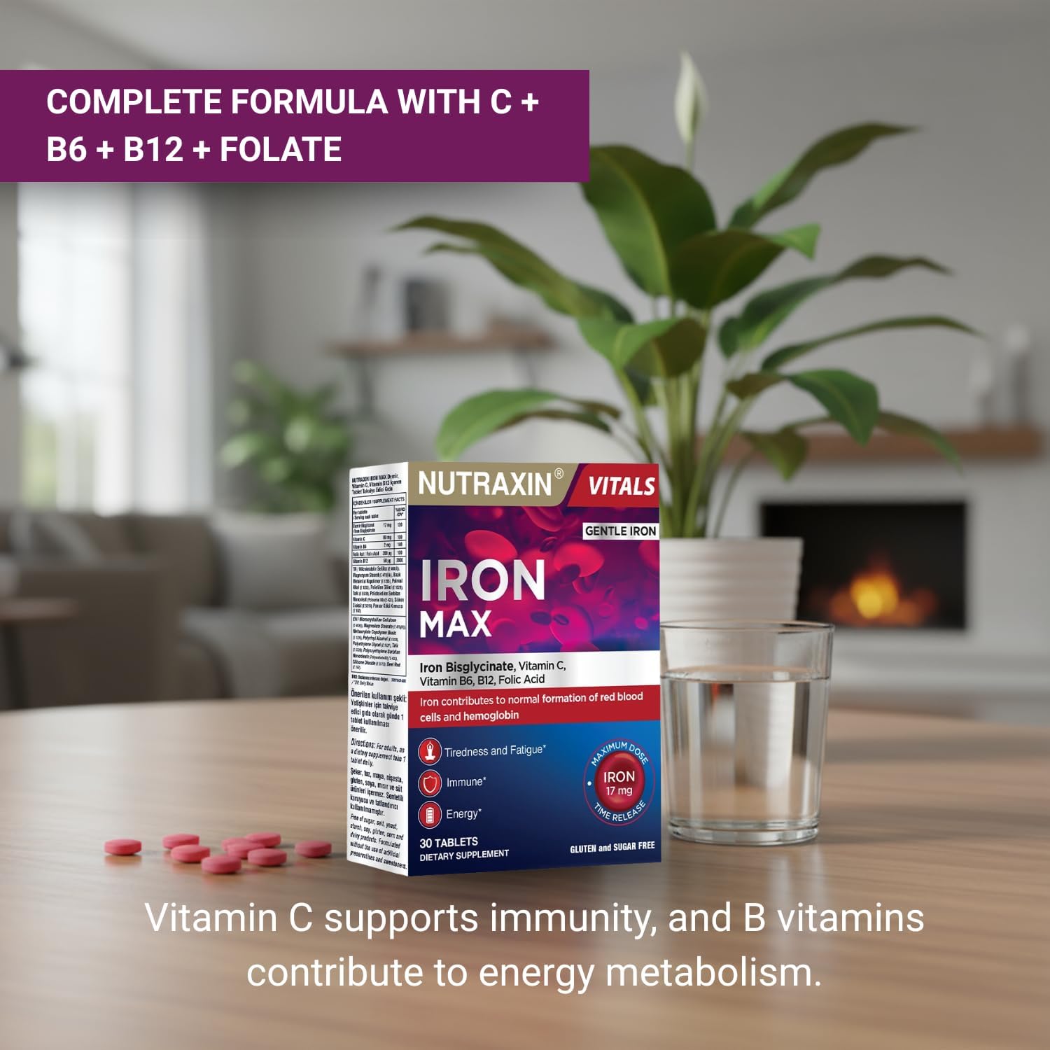 Nutraxin Iron Max 30 Tablets: Bioavailable Iron, C, Folate, B6, B12 Complex