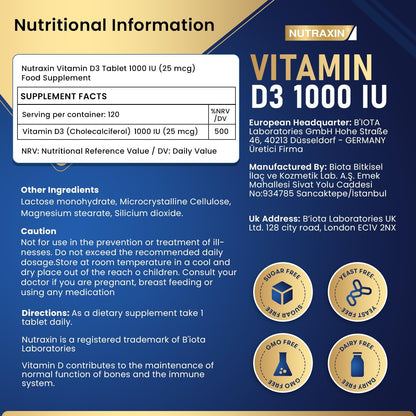 Nutraxin Vitals D3 Vitamin 1000 IU 25 mcg: 120 Tablets for Bone & Immune Support