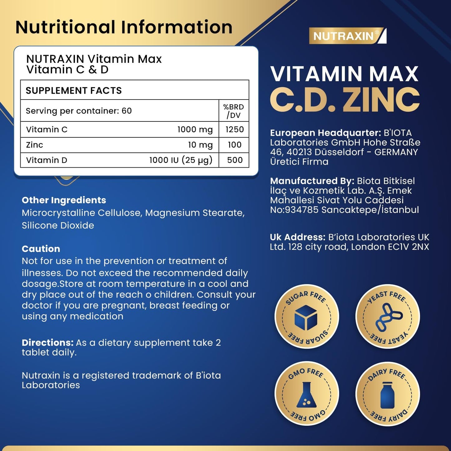 Nutraxin Vitamin Max C-D-Zinc: 60 Tablets, High Potency Immunity Support