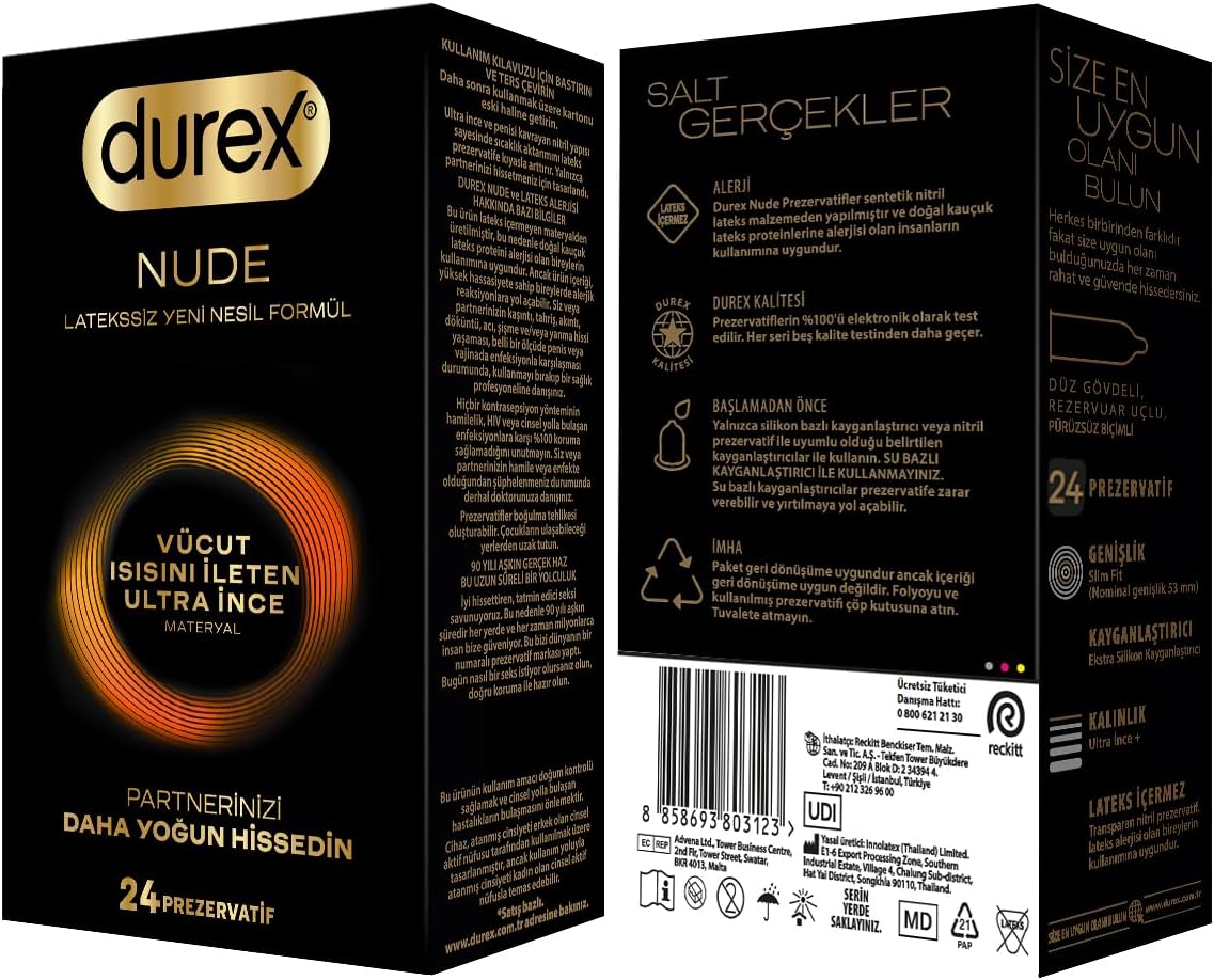 Durex Nude Ultra-Thin Condoms with Heatsync Technology for Real Feel, 24 Count