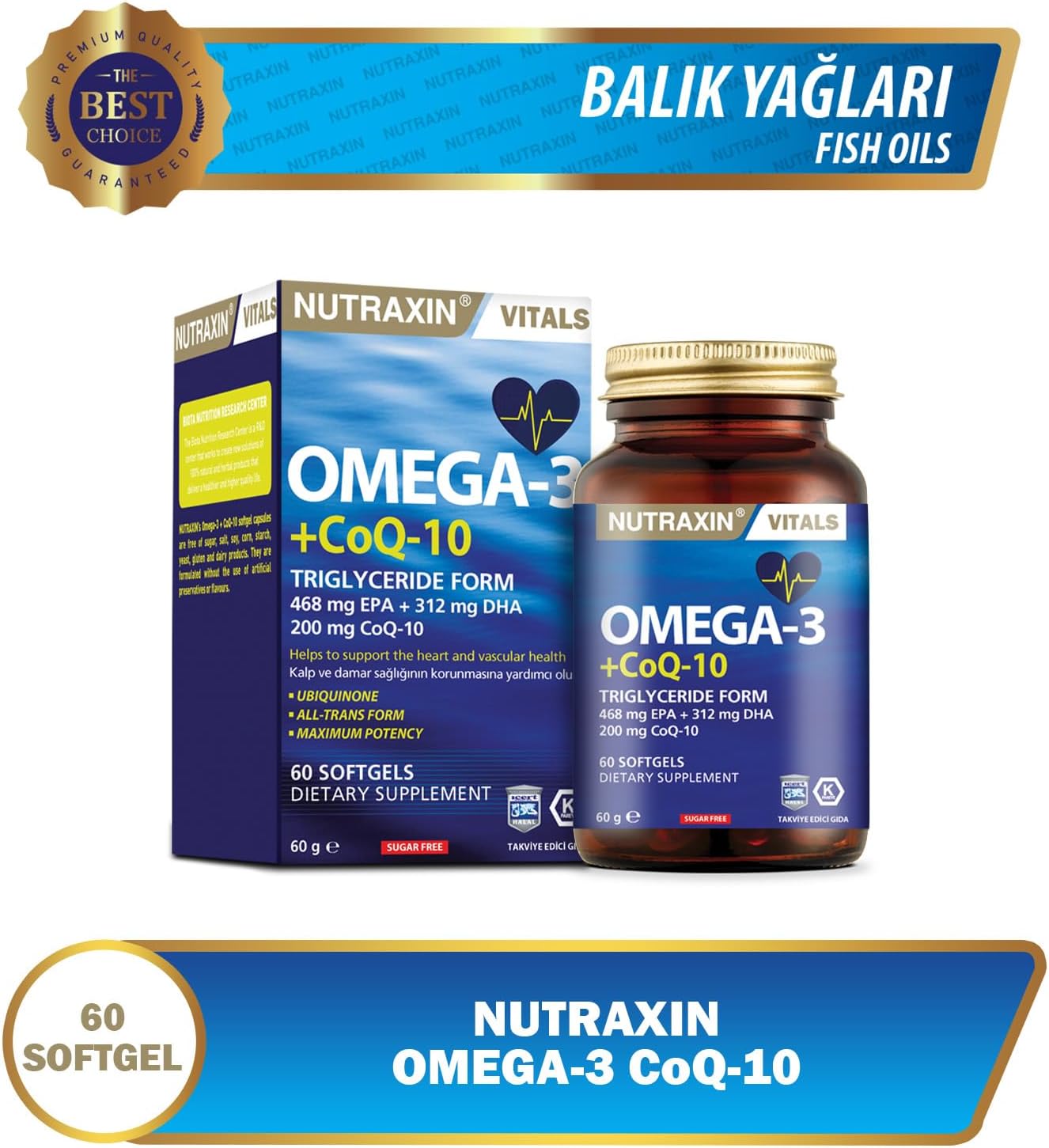 Nutraxin Omega 3 + CoQ-10 60 Softgels: Heart & Cellular Energy Formula