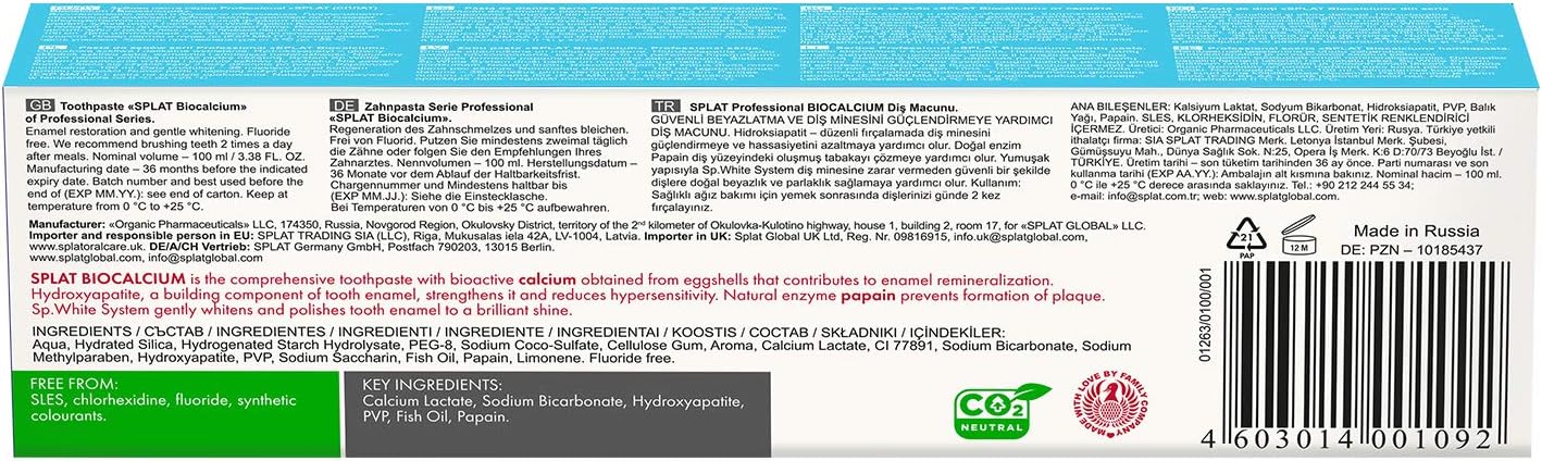 Splat Biocalcium Fluoride-Free Toothpaste 100ml for Strong Enamel & Daily Oral Care