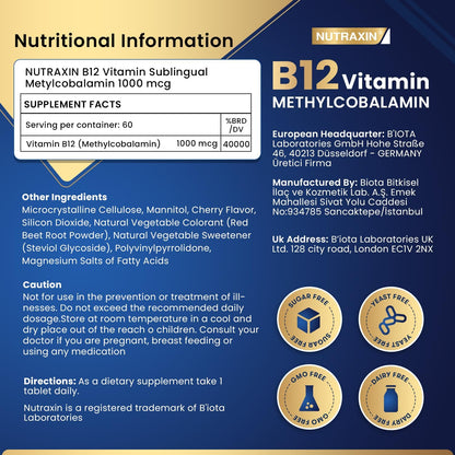 Nutraxin B12 1000mcg Methylcobalamin Sublingual Tablets: Vegan, Fast-Absorbing, 60 Count