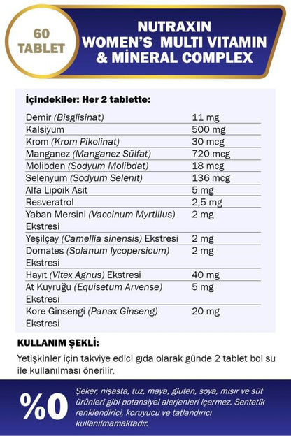 Nutraxin Vitals Women's Multivitamin Complex: 60 Tablets for Energy & Immunity